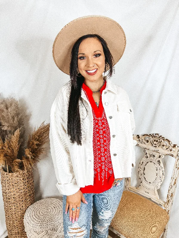 Edgy and Chic Button Up Corduroy Jacket with Raw Hem in Ivory