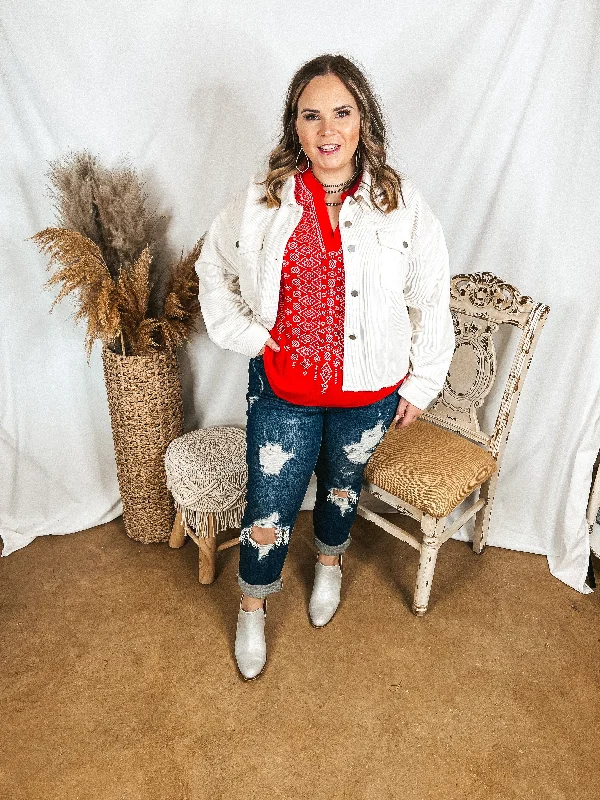 Edgy and Chic Button Up Corduroy Jacket with Raw Hem in Ivory