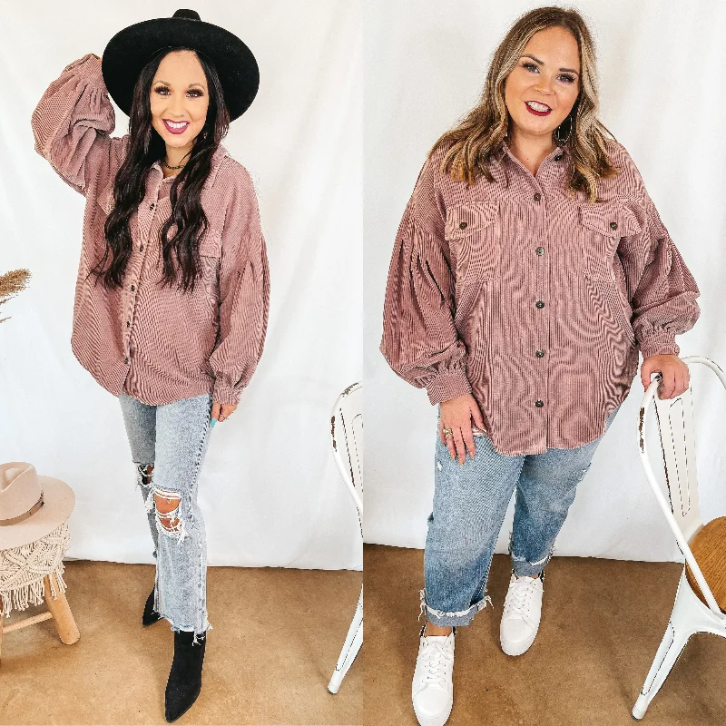 Cute Collab Button Up Corduroy Shacket with Balloon Sleeves in Mauve