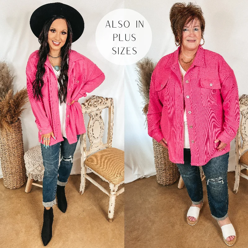 Say Less Button Up Knit Shacket in Fuchsia Pink