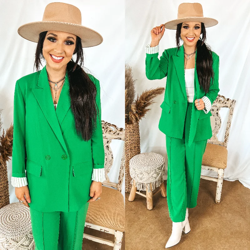 Bossy Business Double Button Blazer with Pockets in Green