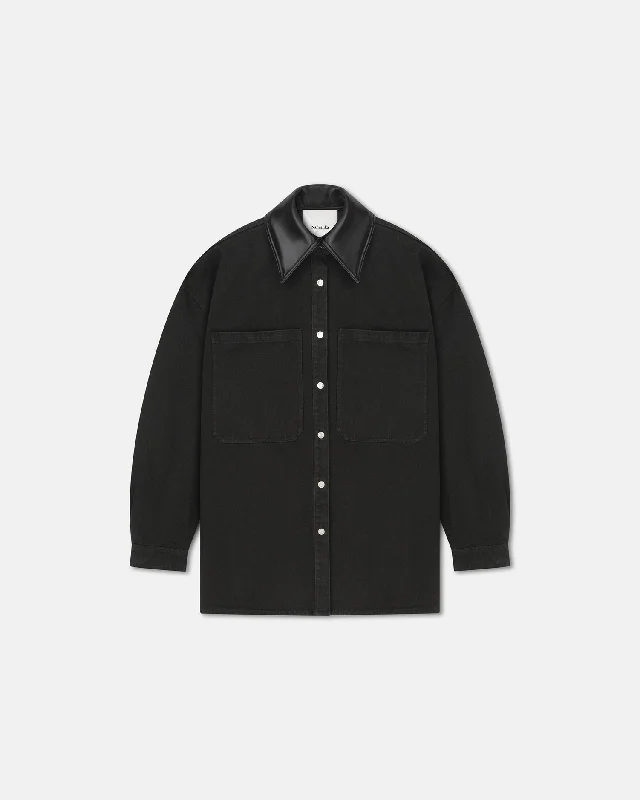 Beaux - Leather-Trimmed Denim Shirt - Anthracite