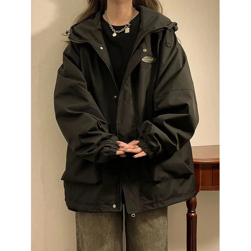 Getadme Oversized Hooded Bomber Jacket Women Vintage Loose Windbreaker Jackets Ladies Autumn Korean Fashion Harajuku Casual Zipper Coat