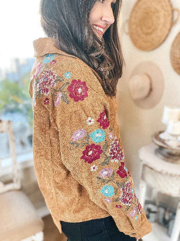 Last Chance Size Medium | Seems Like Love Floral Embroidered Cropped Corduroy Jacket in Camel Brown