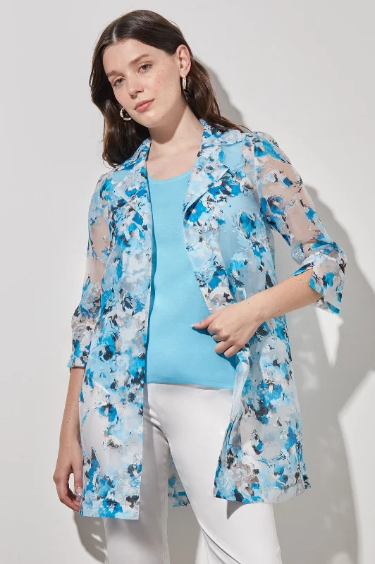 Plus Size Open Front Jacket - Sheer Floral Woven