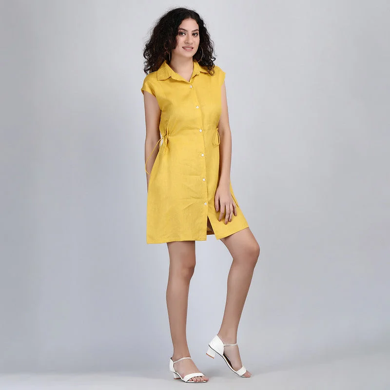 Linen Short Shirt Dress | Mustard