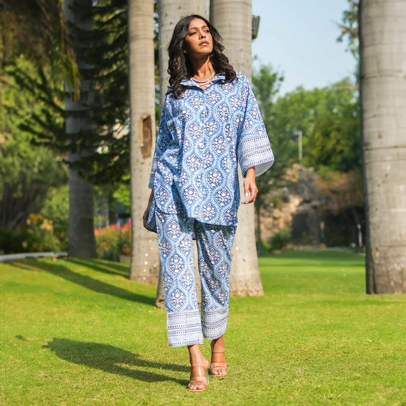 Cotton Oversized Co Ord Set for Women | Blue | Block Printed