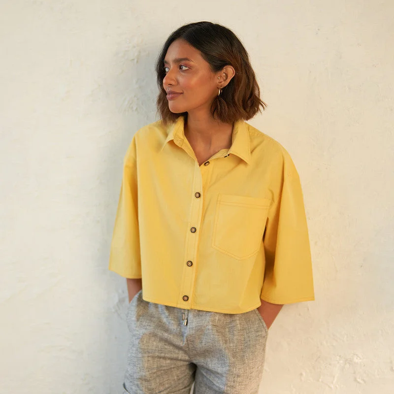 Cotton Crop Shirt For Women | Yellow | Patch Pockets