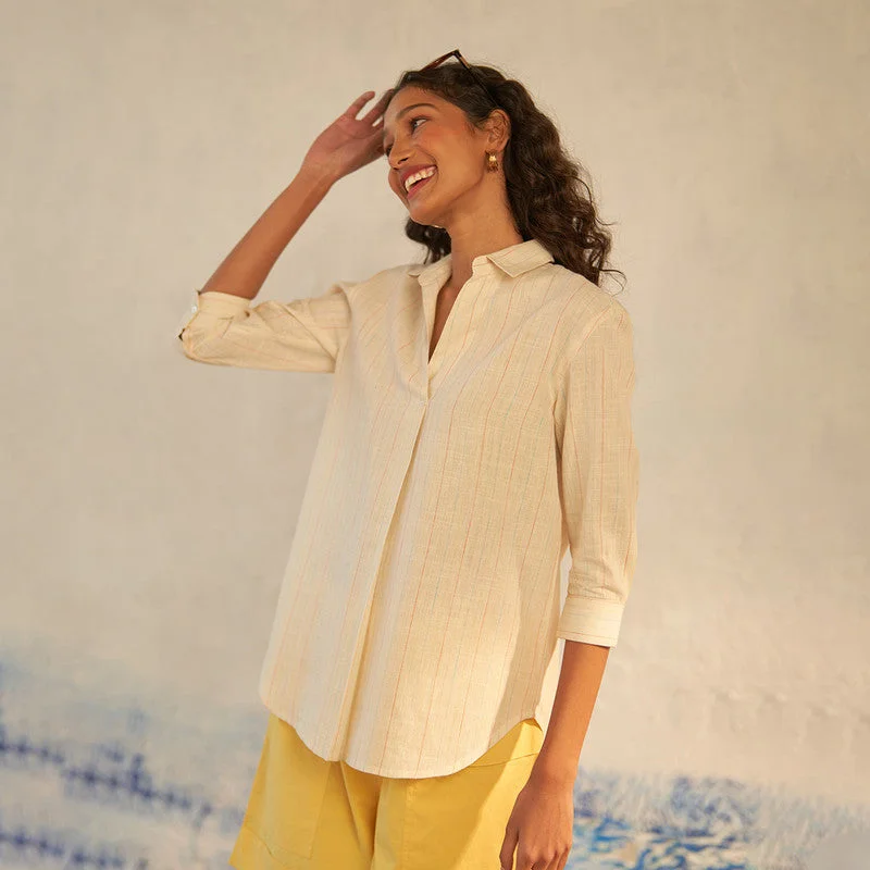 Textured Cotton Top for Women | Beige | Front Box Pleated