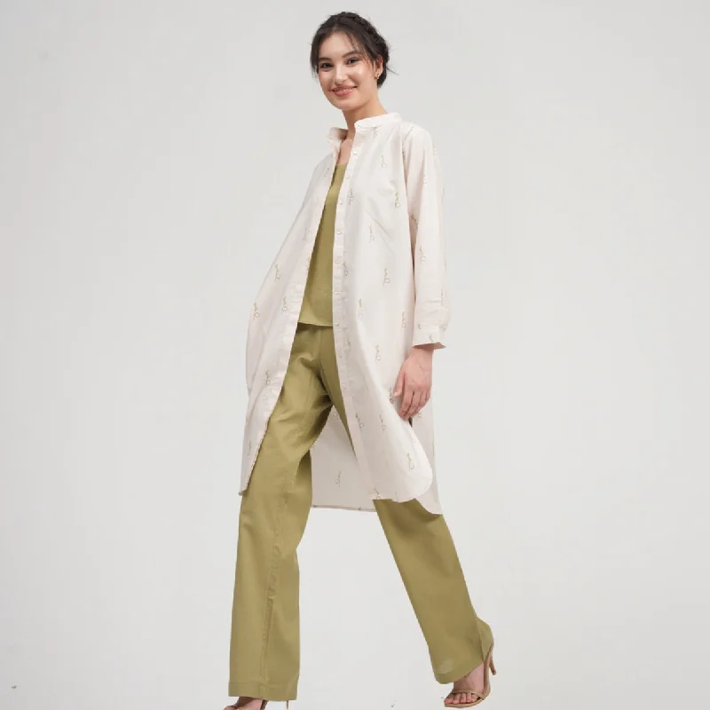 Cotton Linen Co Ord Set for Women | Cream & Sage Green | Set of 3