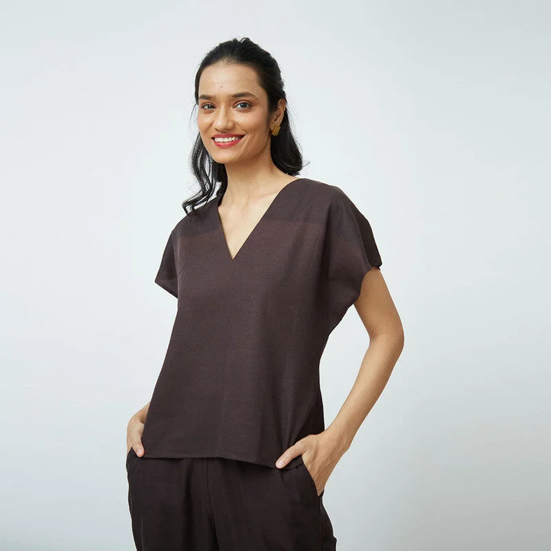 Cotton Tencel V Neck Top | Brown