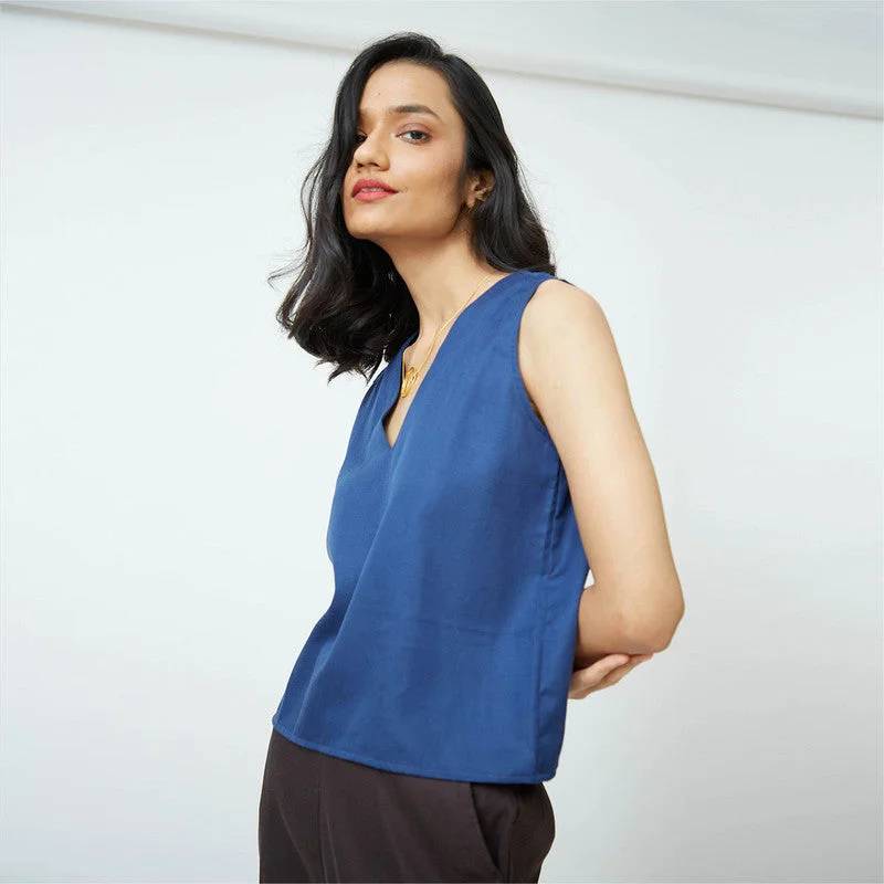 Cotton Tencel V Neck Top | Indigo Blue