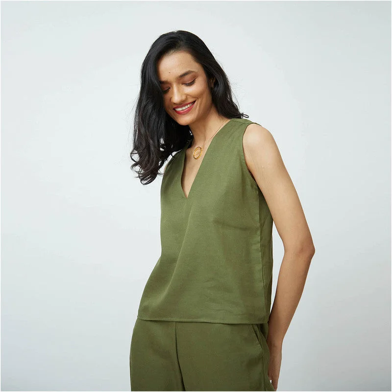 Cotton Tencel  Top | V Neck | Olive Green