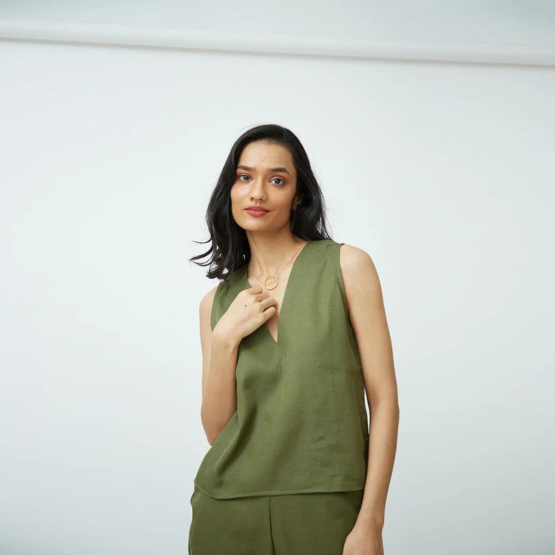 Cotton Tencel  Top | V Neck | Olive Green