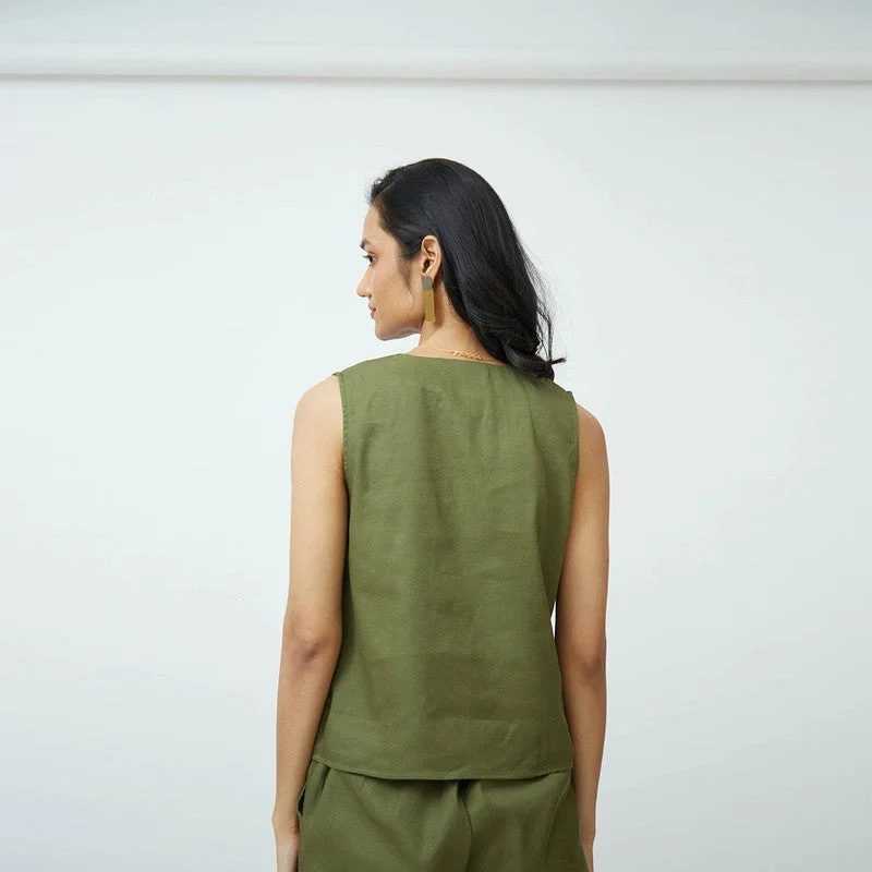 Cotton Tencel  Top | V Neck | Olive Green