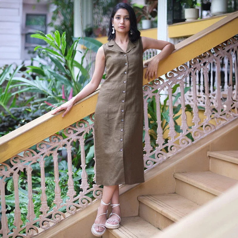 Linen Sleeveless Dress for Women | Olive Green