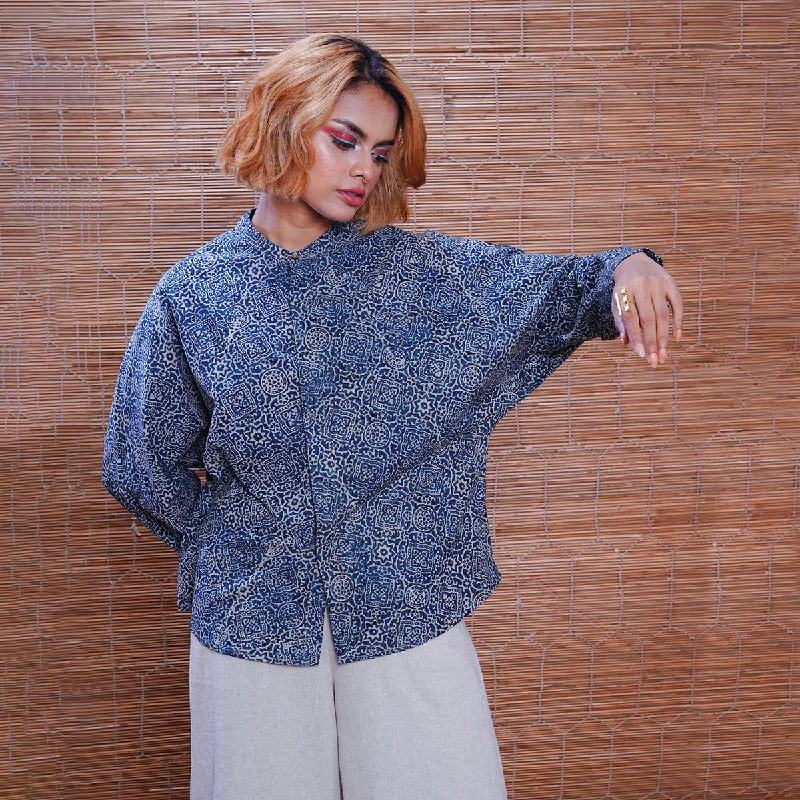 Cotton Kimono Shirt For Women | Silver Lining Hand Block Printed | Indigo