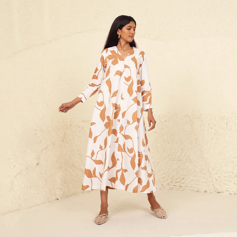 Cotton Poplin A-Line Dress for Women | Printed | V-Neck | White & Beige