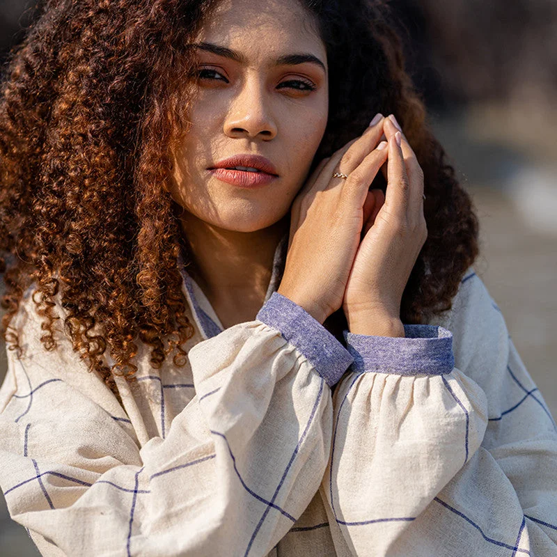 Cotton Oversized Shirt for Women | Cream & Blue | Checkered