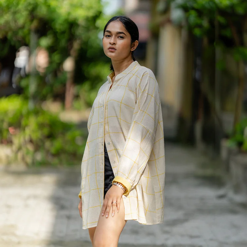 Cotton Oversized Shirt for Women | Cream & Yellow | Checkered