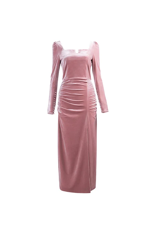 Square neck velvet dress | Pink dress | Holiday dress