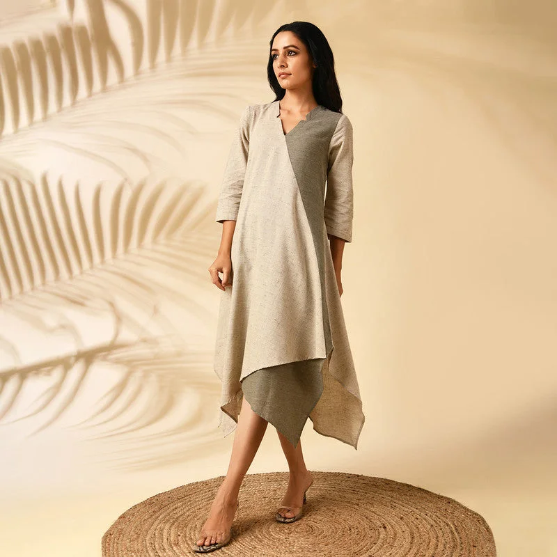 Cotton A-Line Tunic Dress | Asymmetric Hem | Beige & Olive