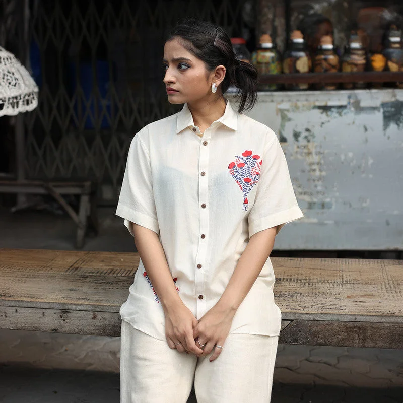 Organic Cotton Shirt for Men & Women | White | Block Printed | Half Sleeves