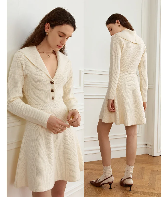 Original French V-neck knitted dress autumn and winter turn collar temperament waist sweater skirt