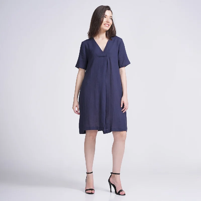 Linen A-Line Dress for Women | Front Pleated | Navy Blue