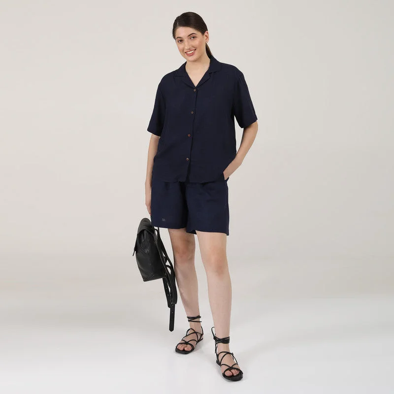 Linen Blue Co Ord Set for Women | Shirt & Shorts Set