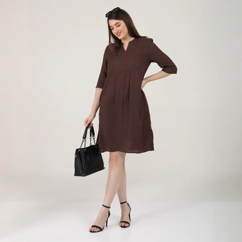 Linen Brown Short Dress for Women | Paneled V-Neck