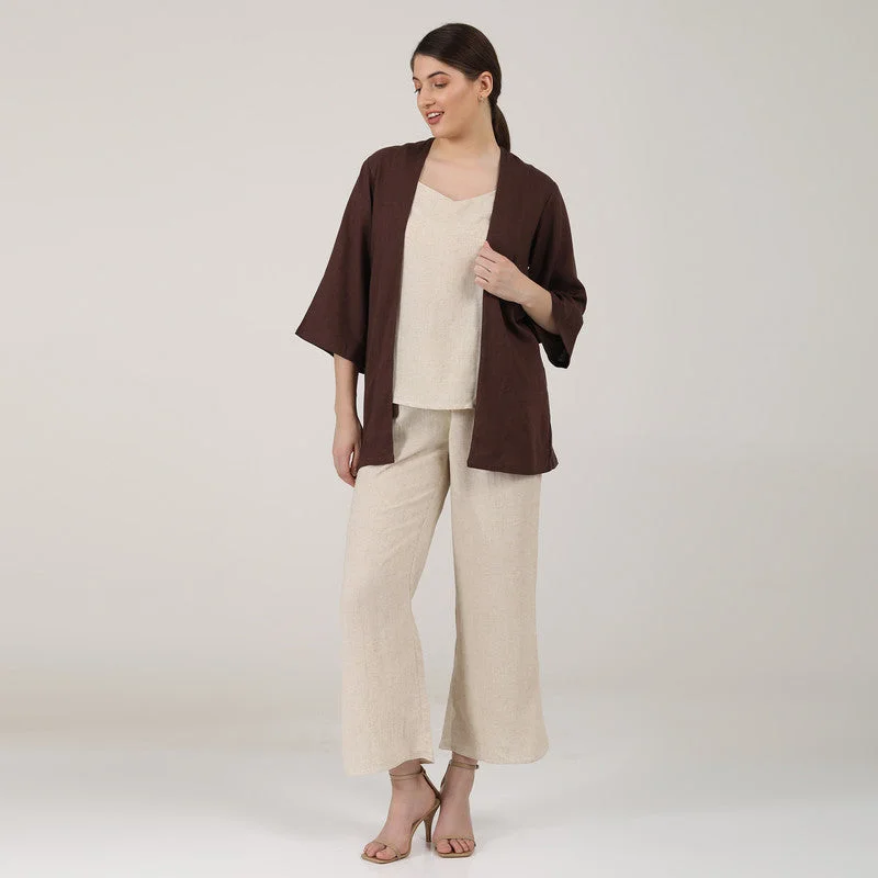 Linen Co Ord Set for Women | Beige & Brown | Set of 3