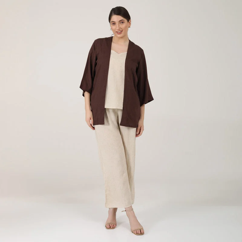 Linen Co Ord Set for Women | Beige & Brown | Set of 3