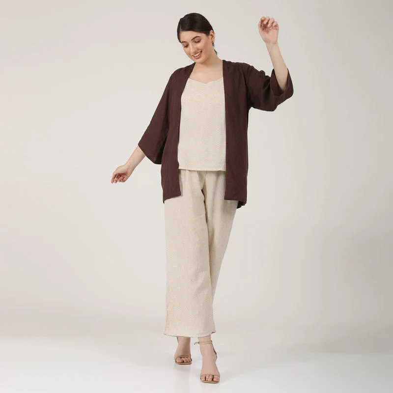 Linen Co Ord Set for Women | Beige & Brown | Set of 3