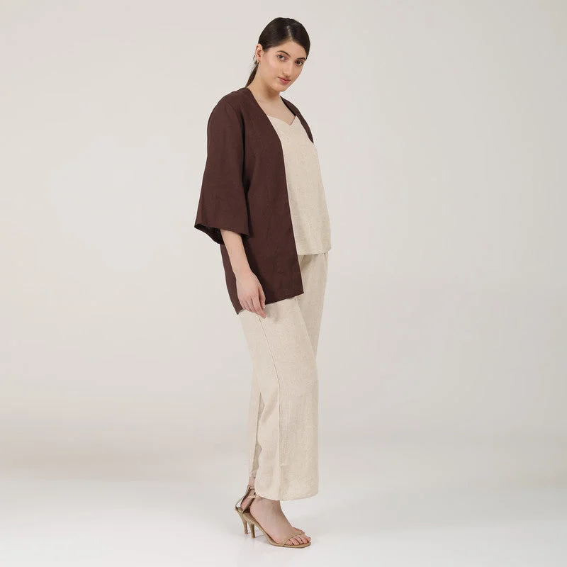 Linen Co Ord Set for Women | Beige & Brown | Set of 3