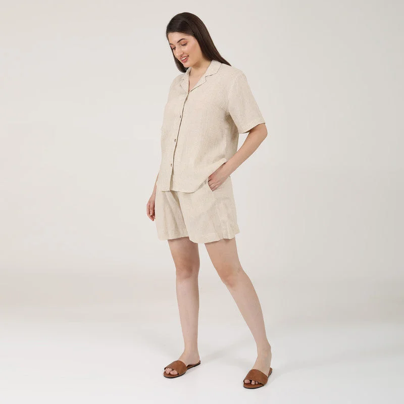 Linen Co Ord Set for Women | Beige | Shirt & Shorts Set