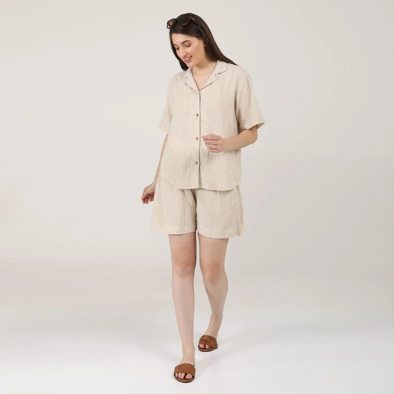 Linen Co Ord Set for Women | Beige | Shirt & Shorts Set