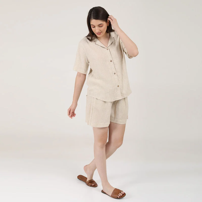 Linen Co Ord Set for Women | Beige | Shirt & Shorts Set