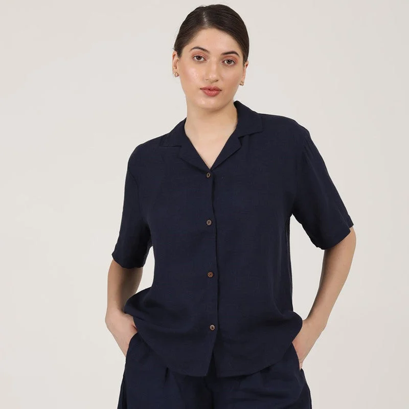 Linen Navy Blue Shirt for Women | Relax Fit