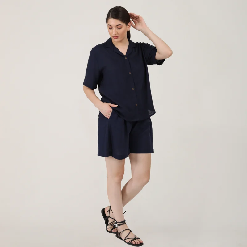 Linen Navy Blue Shirt for Women | Relax Fit