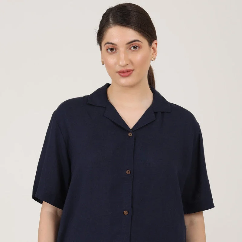 Linen Navy Blue Shirt for Women | Relax Fit