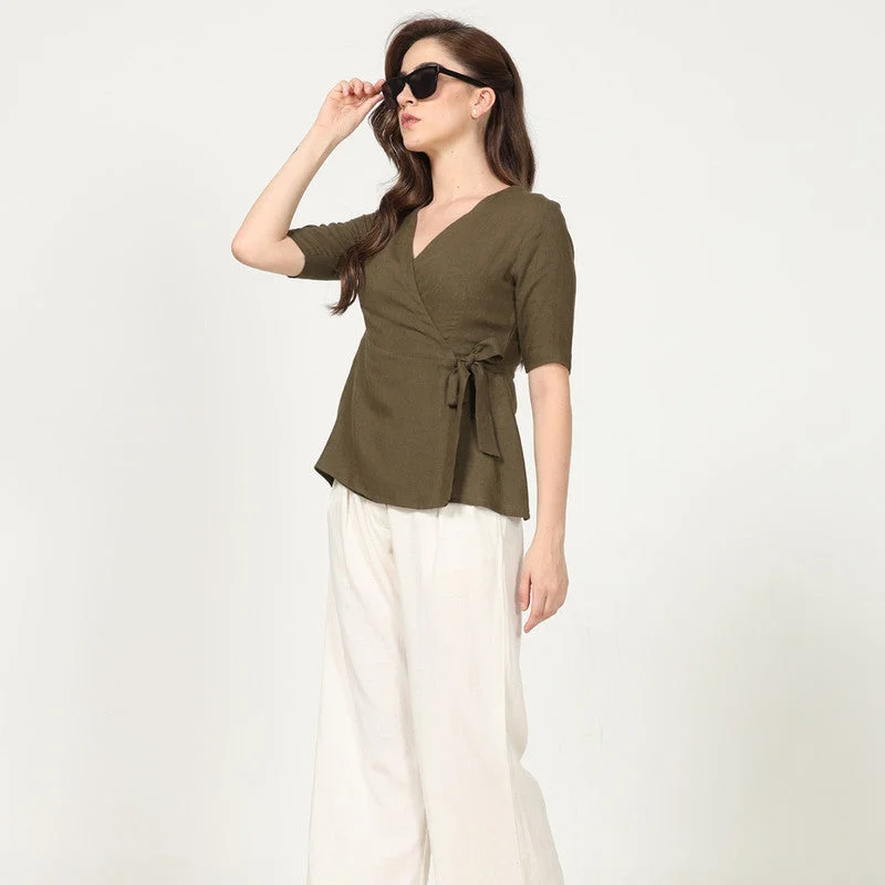 Linen Wrap Top for Women | Olive Green