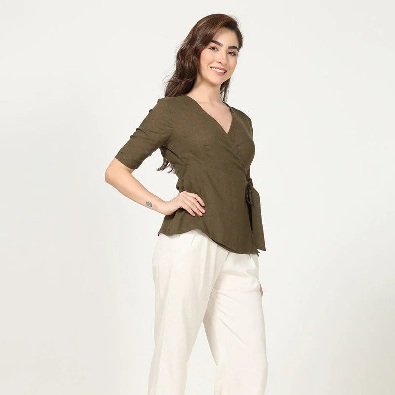 Linen Wrap Top for Women | Olive Green