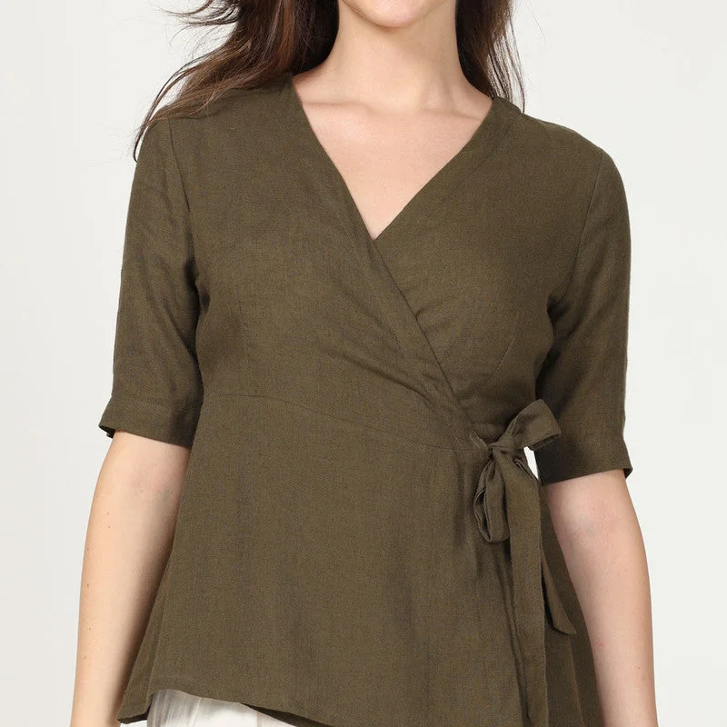 Linen Wrap Top for Women | Olive Green