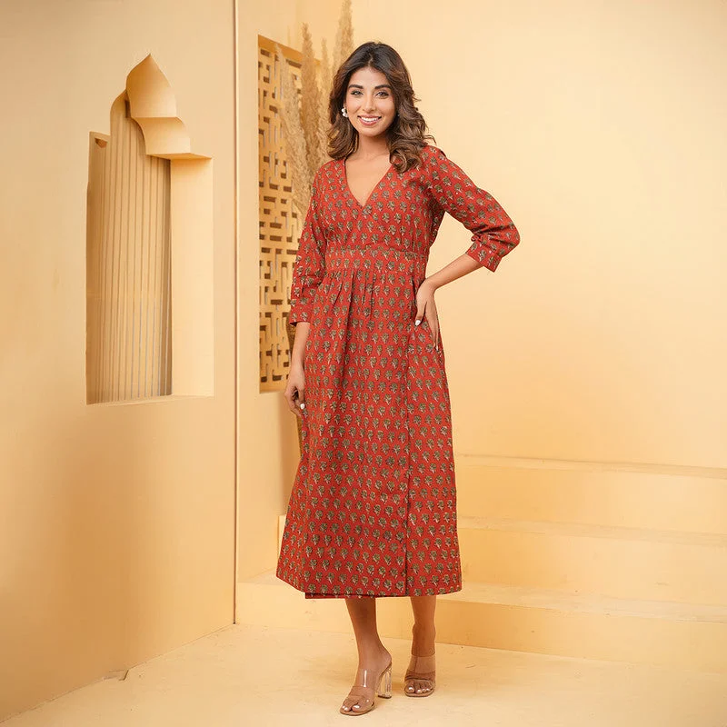 Cotton Wrap Dress for Women | Rust | Dabu Print