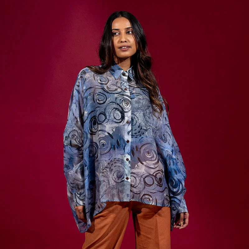 Cotton Chanderi Kaftan Shirt for Women | Handpainted | Blue