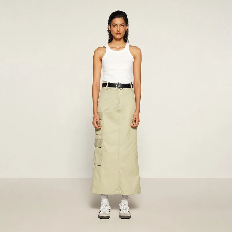 Cotton Straight Cargo Skirt | Mid Rise | Beige | Back Slit