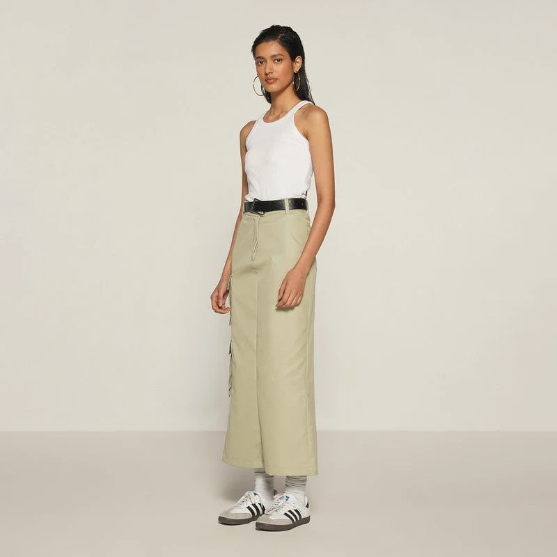 Cotton Straight Cargo Skirt | Mid Rise | Beige | Back Slit