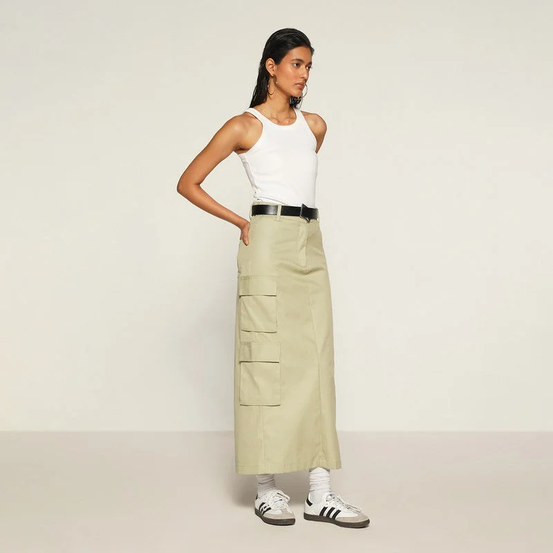 Cotton Straight Cargo Skirt | Mid Rise | Beige | Back Slit