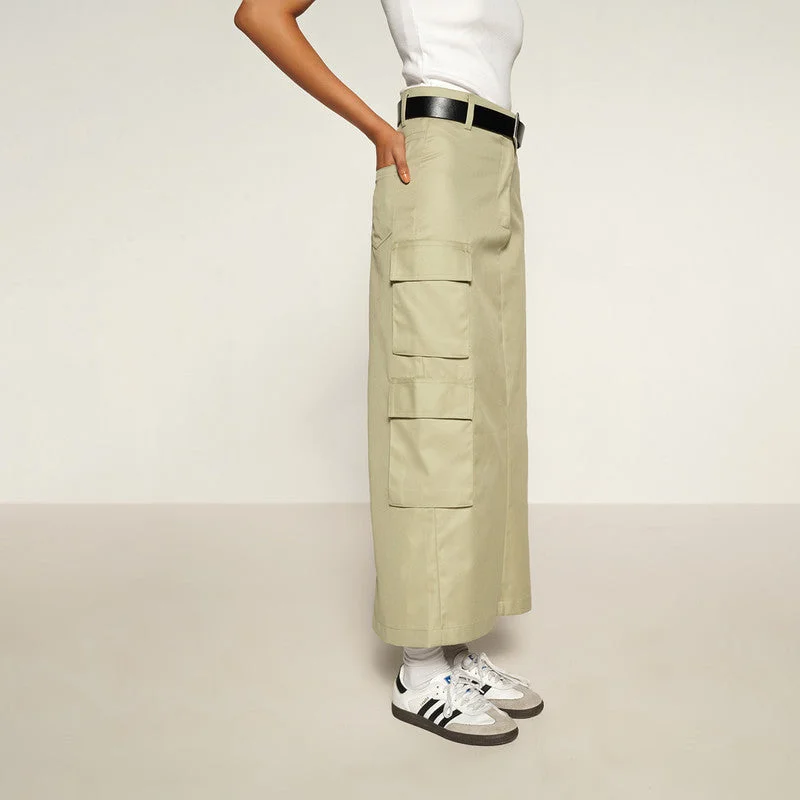 Cotton Straight Cargo Skirt | Mid Rise | Beige | Back Slit